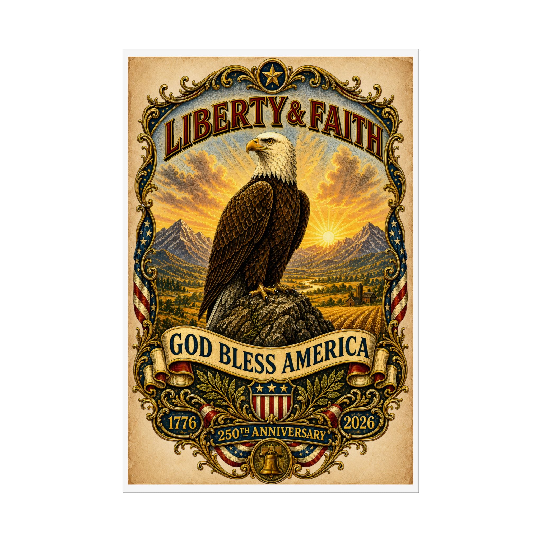 Heritage Print Co - Liberty and Faith - God Bless America with Eagle - USA 250 Years - 4th of July - Premium Vintage Wall Art