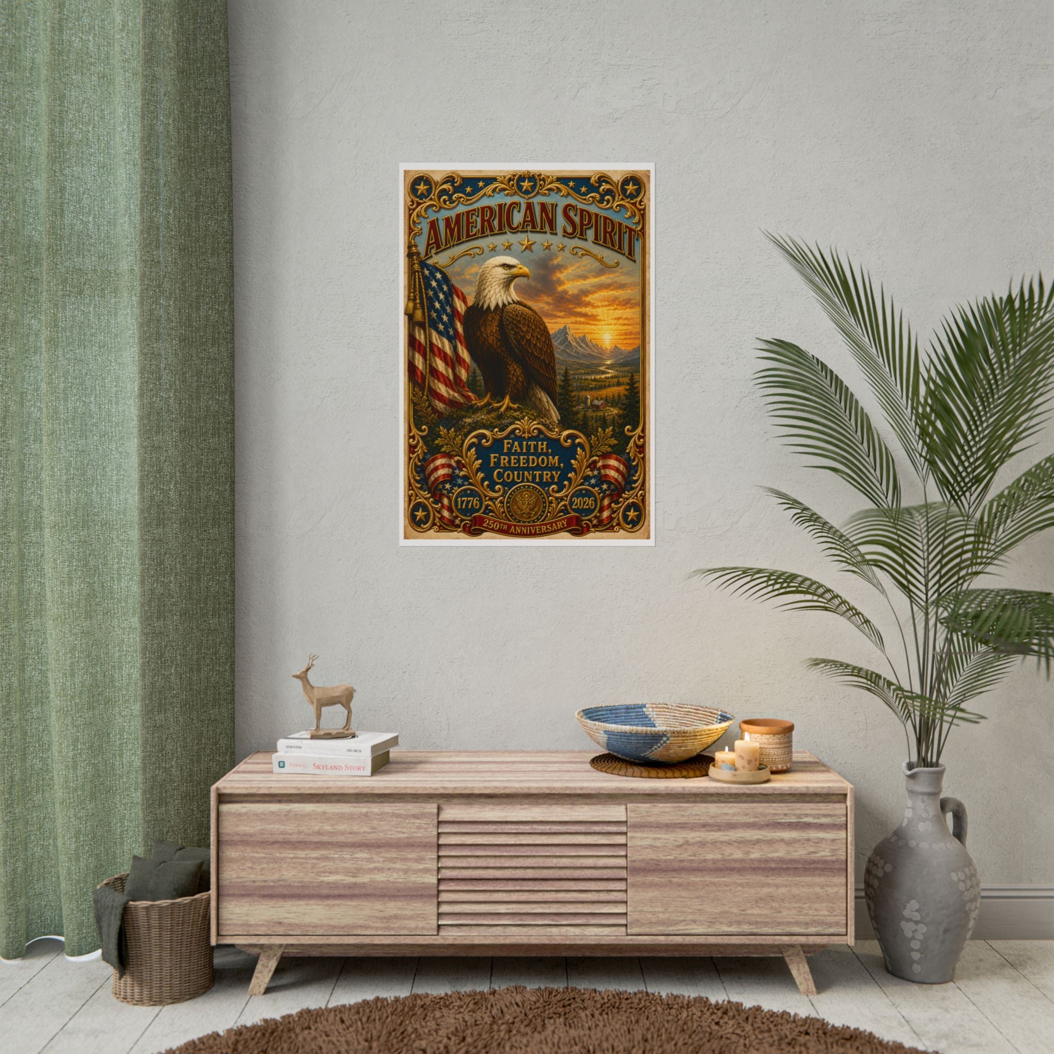 Heritage Print Co - American Spirit - Faith, Freedom, Country with Eagle - USA 250 Years - 4th of July - Premium Vintage Wall Art