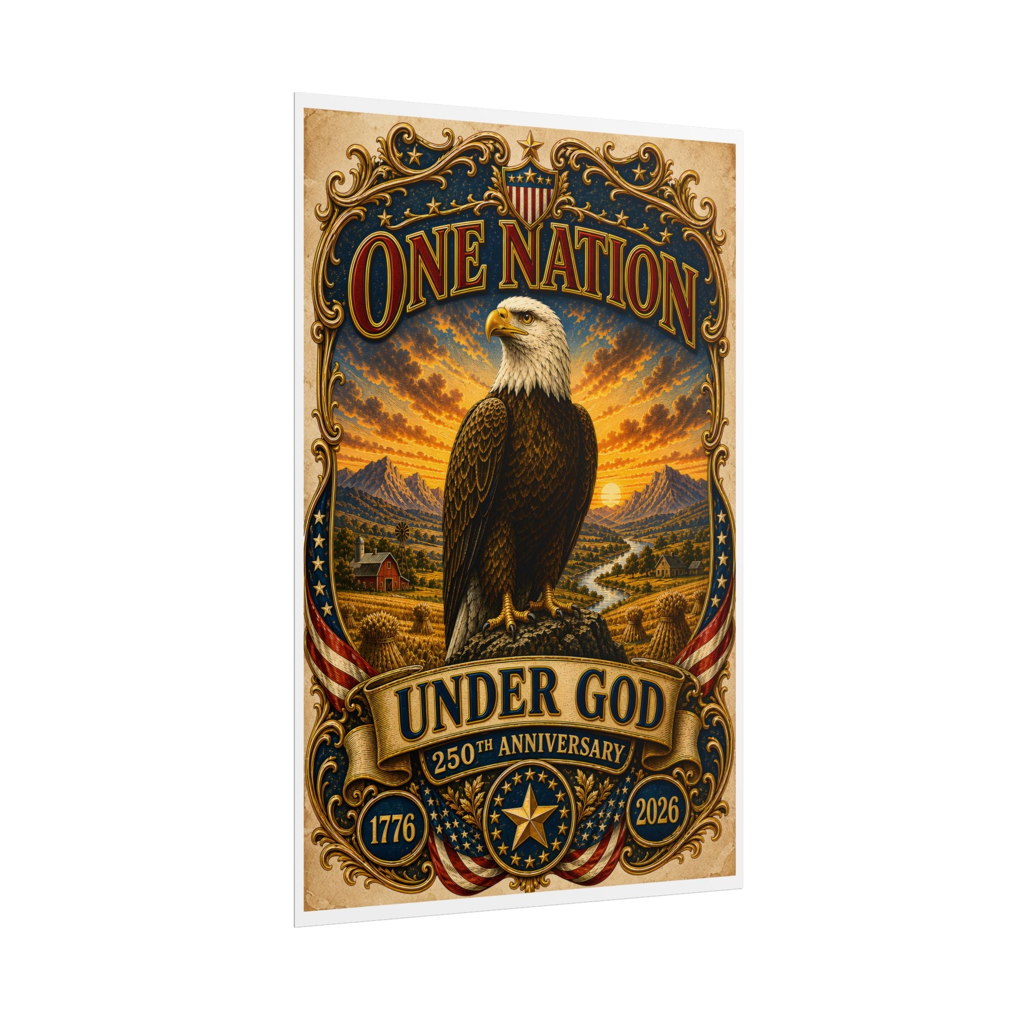 Heritage Print Co - One Nation Under God with Eagle - USA 250th Anniversary - 4th of July - Premium Vintage Wall Art