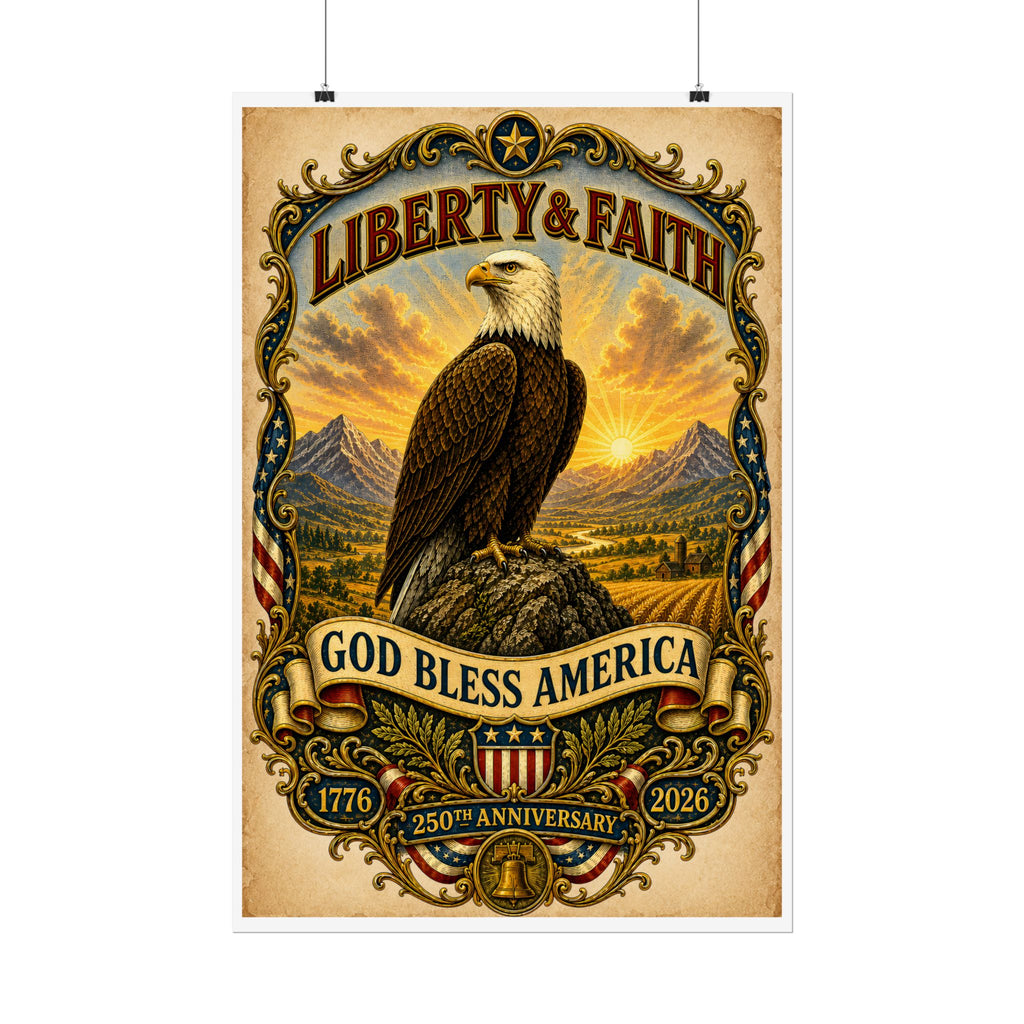 Heritage Print Co - Liberty and Faith - God Bless America with Eagle - USA 250 Years - 4th of July - Premium Vintage Wall Art