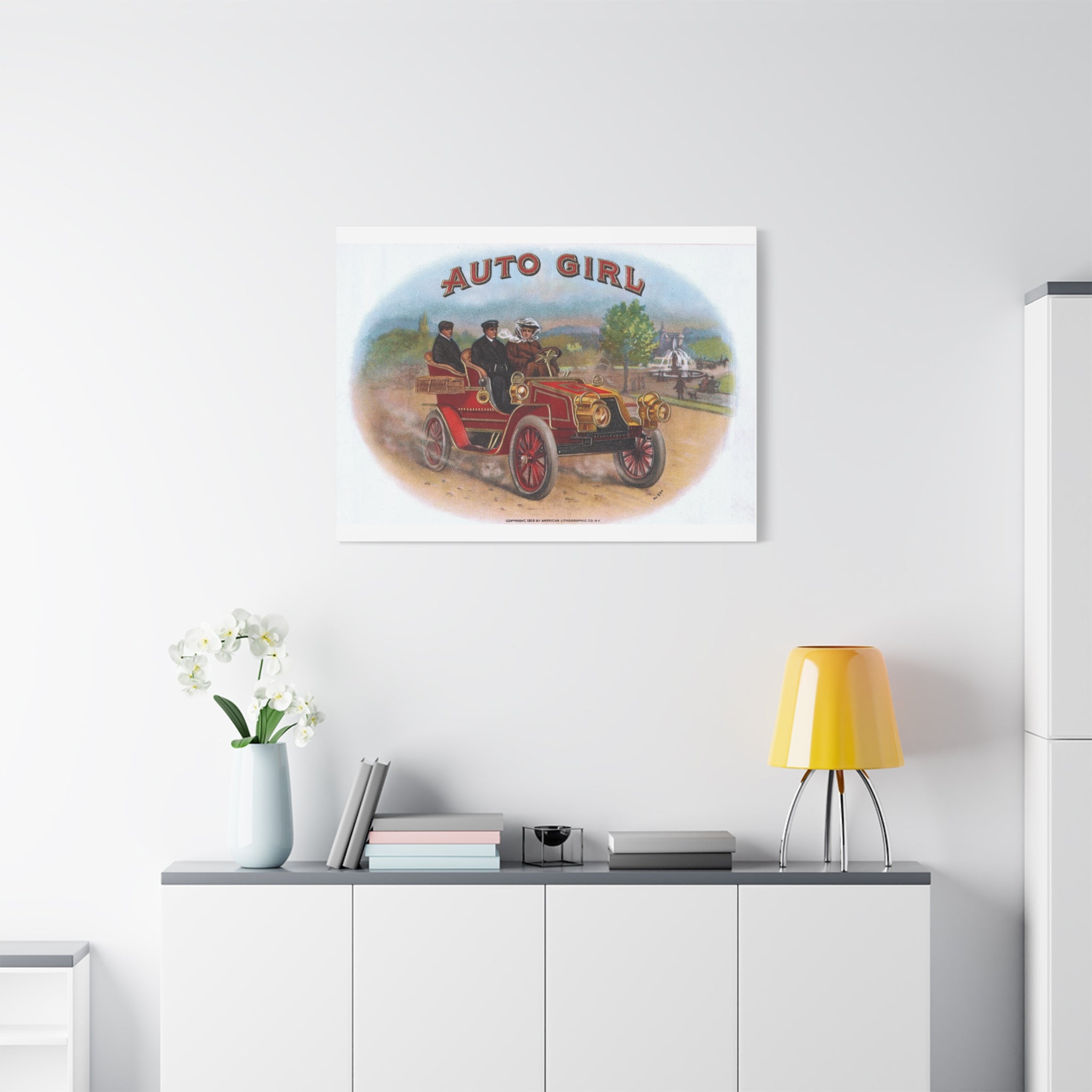 Vintage Stone Lithography Artwork - Auto Girl - Matte Canvas, Stretched, 1.25"