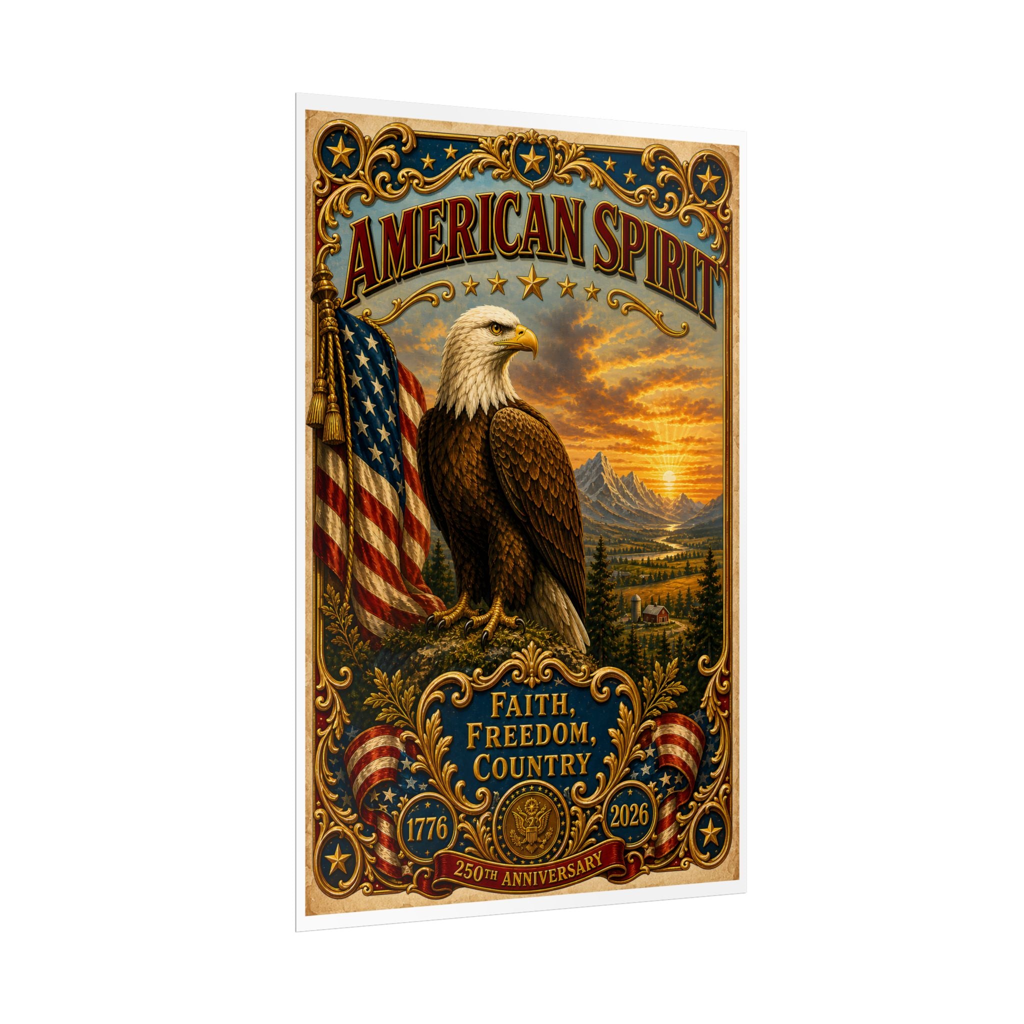 Heritage Print Co - American Spirit - Faith, Freedom, Country with Eagle - USA 250 Years - 4th of July - Premium Vintage Wall Art