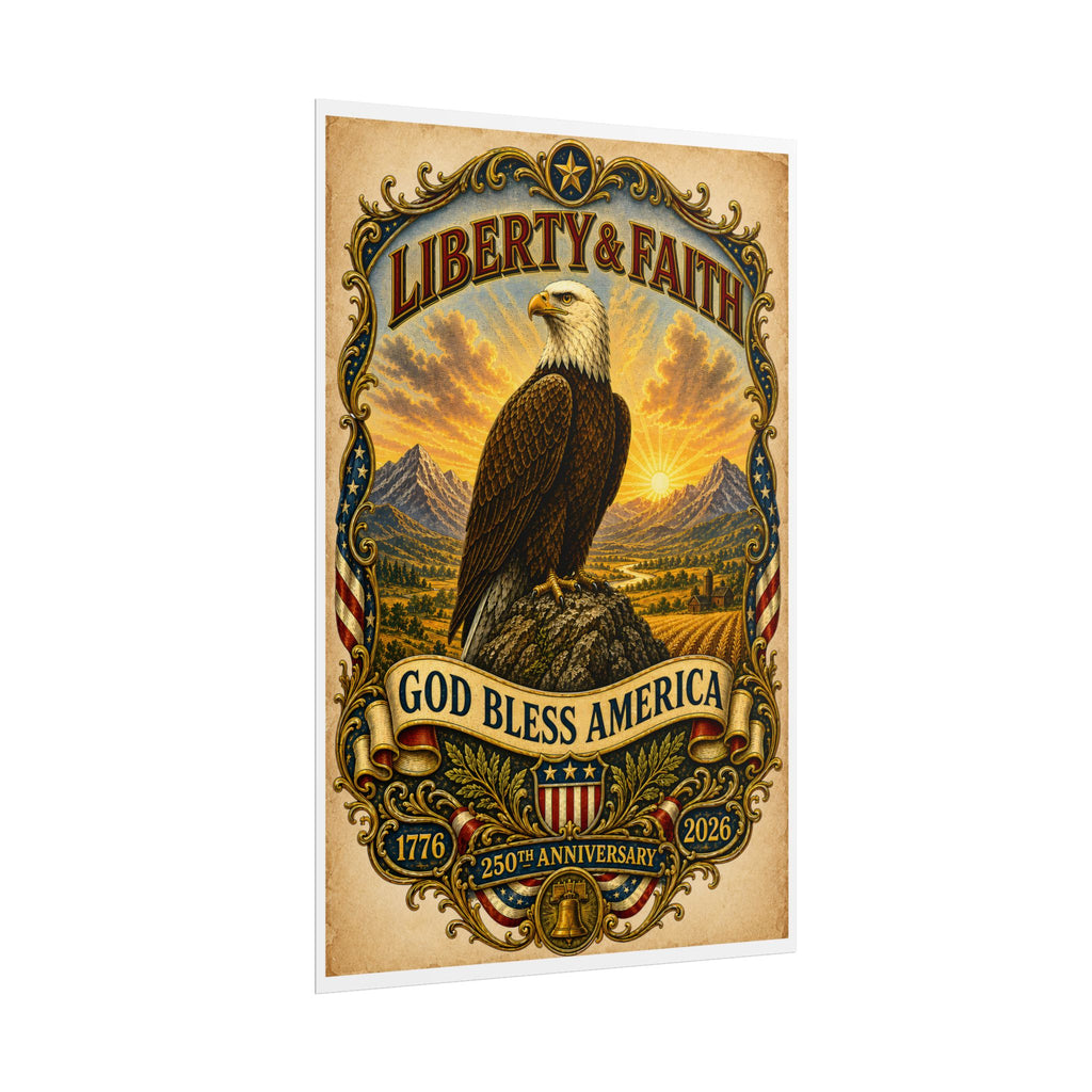 Heritage Print Co - Liberty and Faith - God Bless America with Eagle - USA 250 Years - 4th of July - Premium Vintage Wall Art