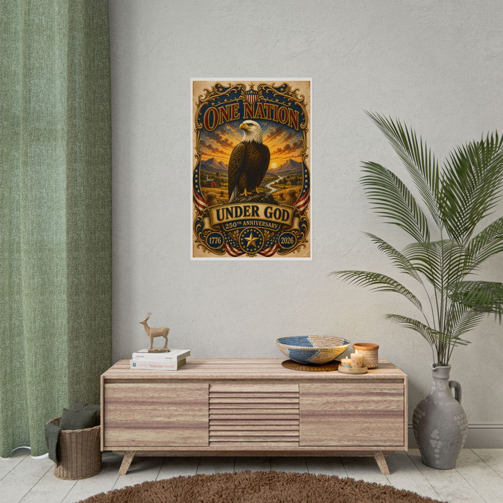 Heritage Print Co - One Nation Under God with Eagle - USA 250th Anniversary - 4th of July - Premium Vintage Wall Art