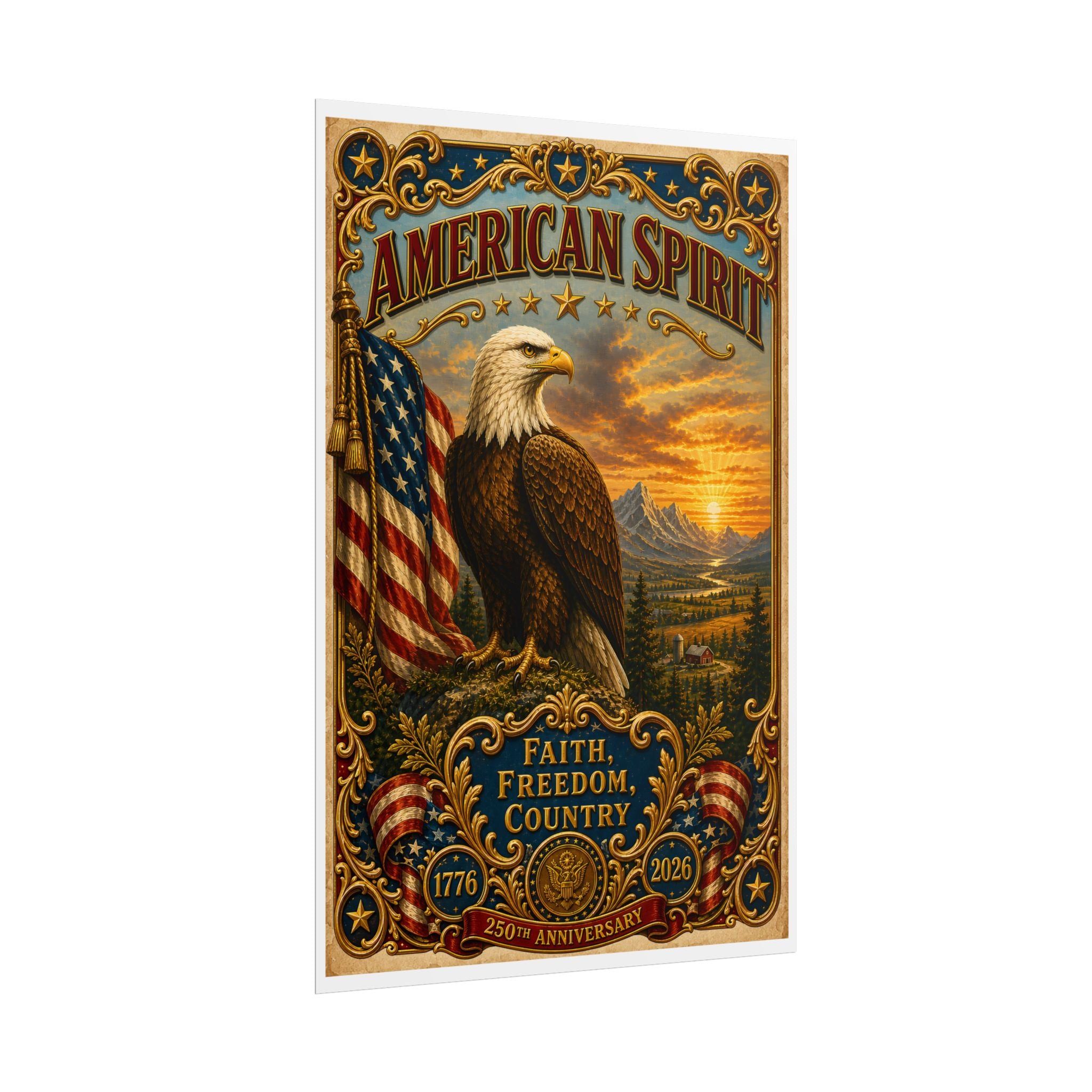 Heritage Print Co - American Spirit - Faith, Freedom, Country with Eagle - USA 250 Years - 4th of July - Premium Vintage Wall Art