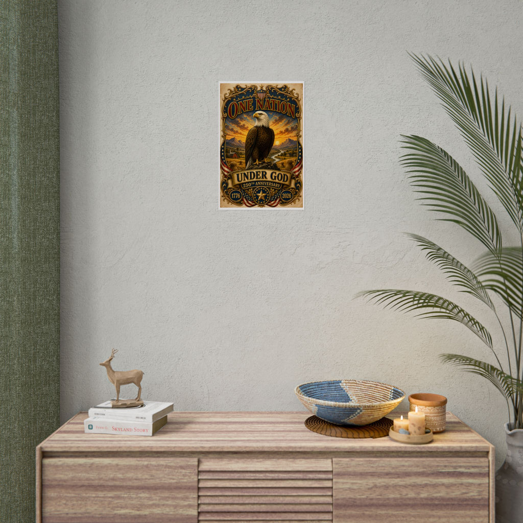 Heritage Print Co - One Nation Under God with Eagle - USA 250th Anniversary - 4th of July - Premium Vintage Wall Art