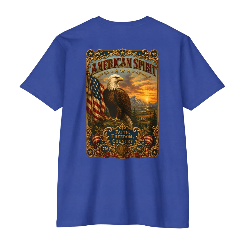 Blue t-shirt with 'American Spirit' graphic featuring an eagle and American flag on a white background
