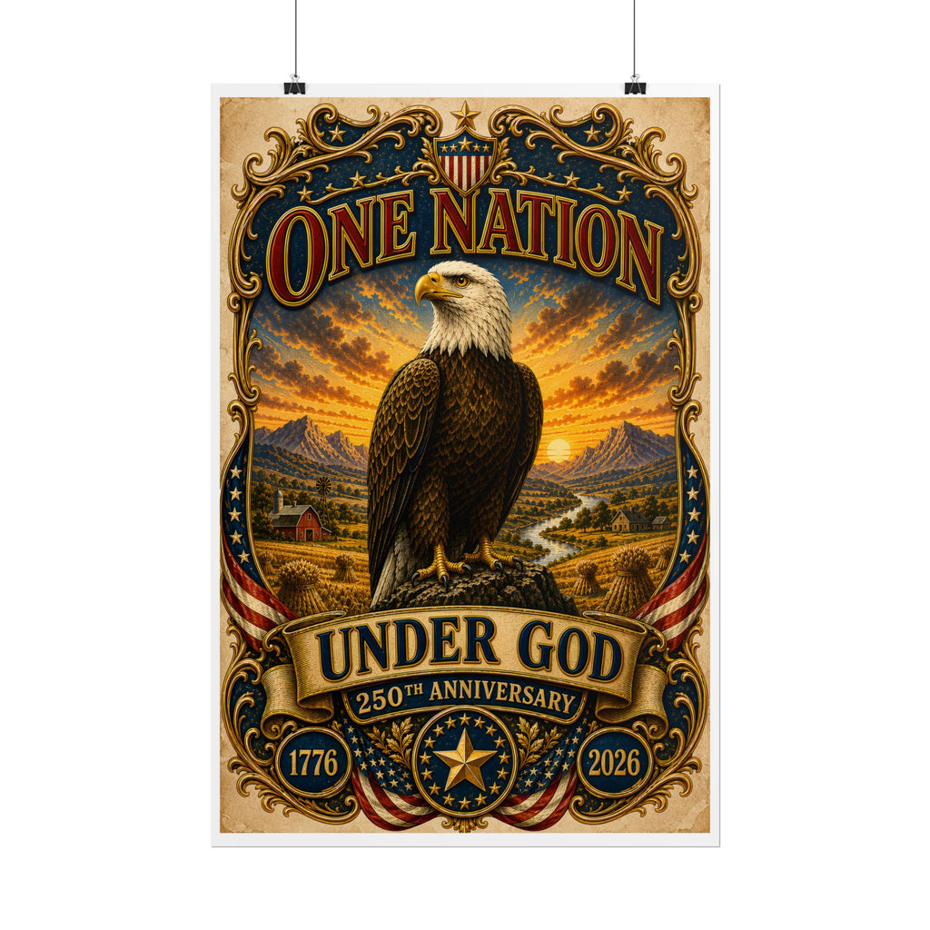 Heritage Print Co - One Nation Under God with Eagle - USA 250th Anniversary - 4th of July - Premium Vintage Wall Art