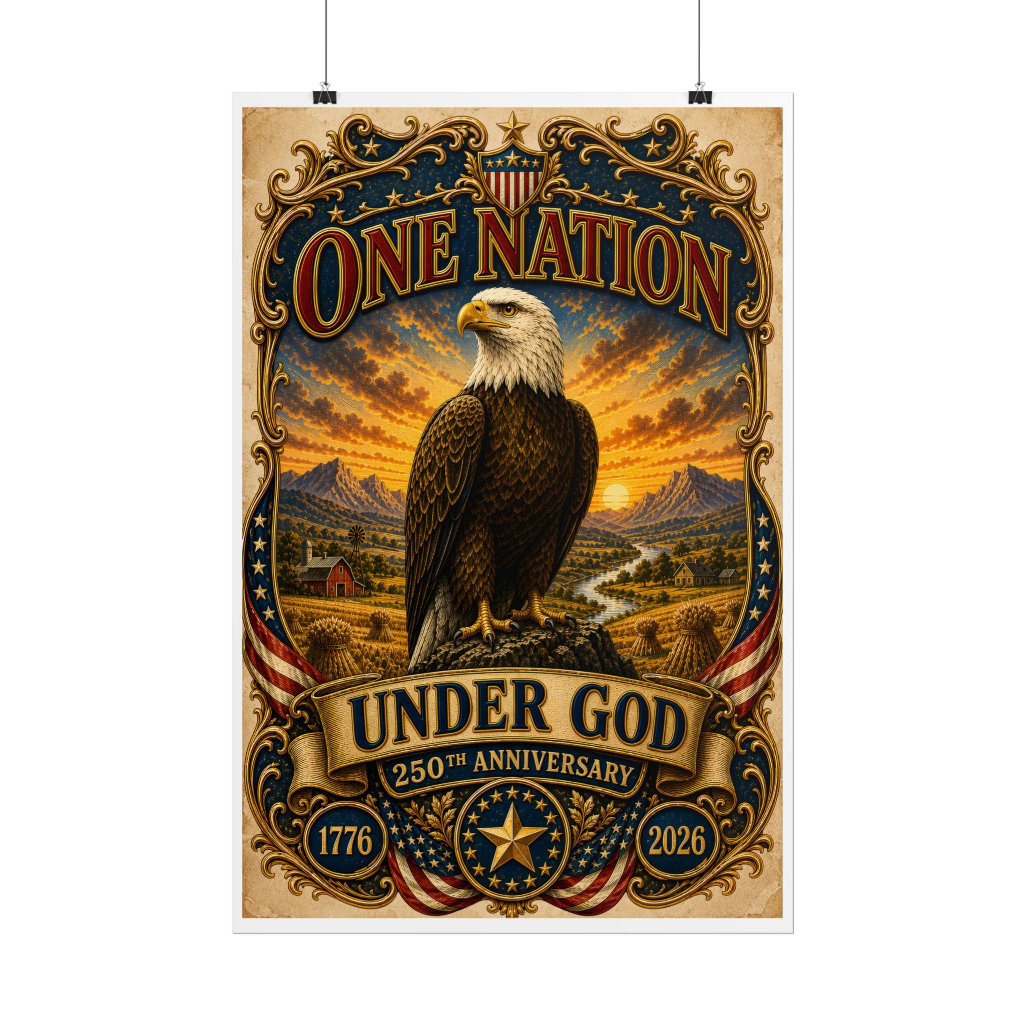 Heritage Print Co - One Nation Under God with Eagle - USA 250th Anniversary - 4th of July - Premium Vintage Wall Art