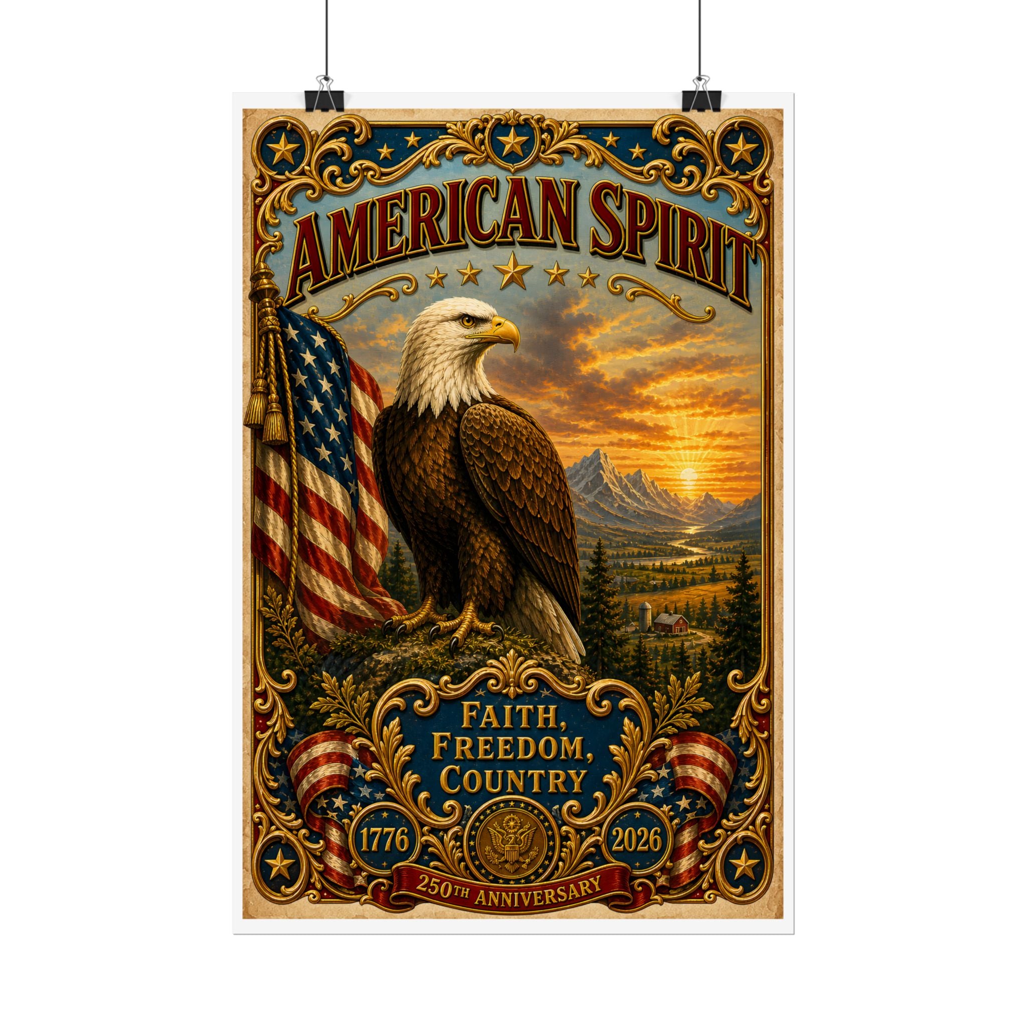 Heritage Print Co - American Spirit - Faith, Freedom, Country with Eagle - USA 250 Years - 4th of July - Premium Vintage Wall Art