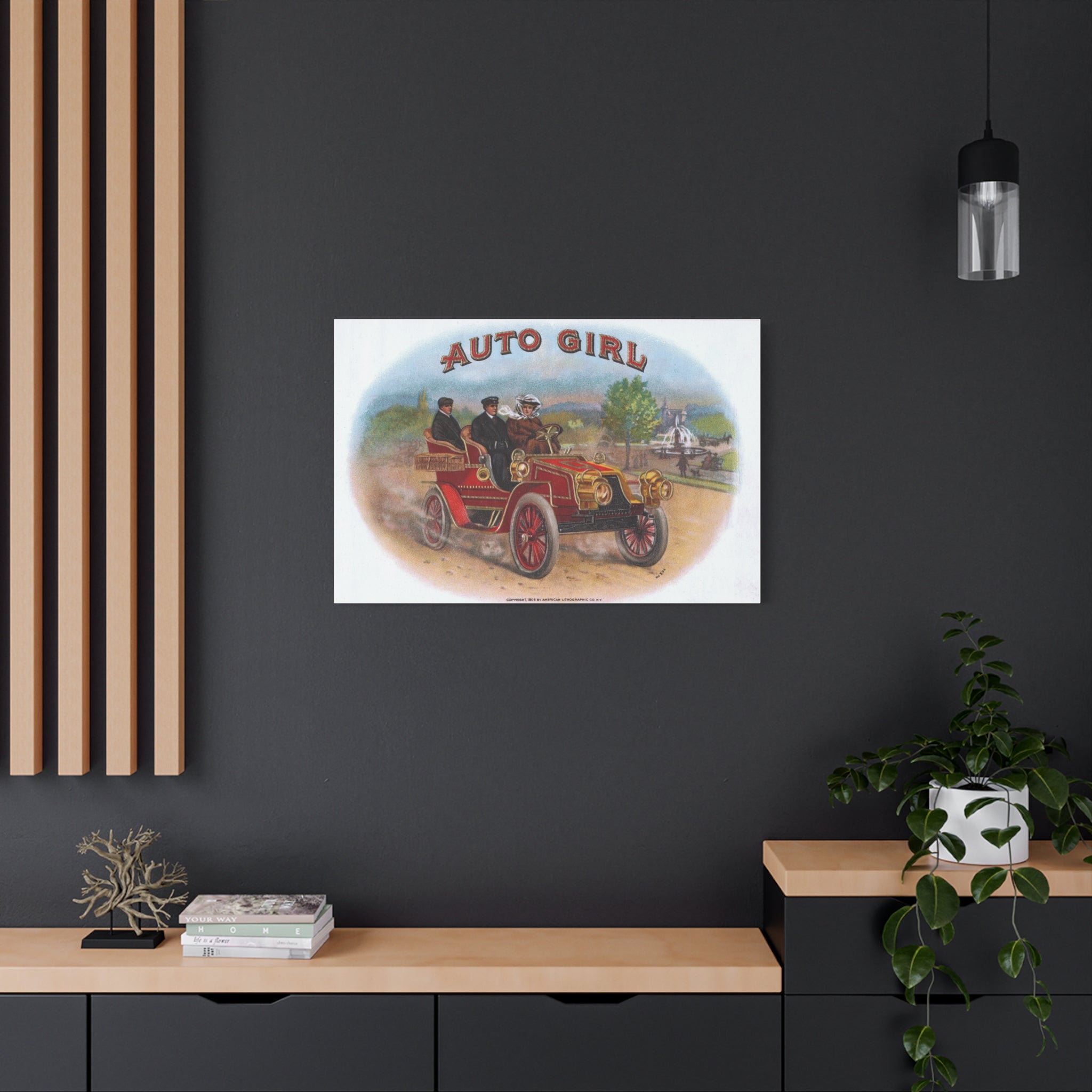 Vintage Stone Lithography Artwork - Auto Girl - Matte Canvas, Stretched, 1.25"