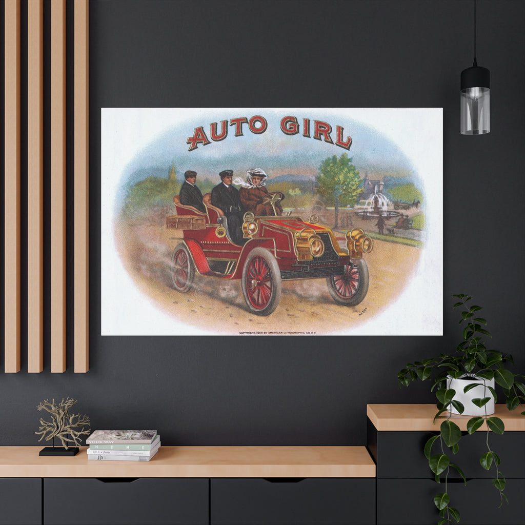 Vintage Stone Lithography Artwork - Auto Girl - Matte Canvas, Stretched, 1.25"