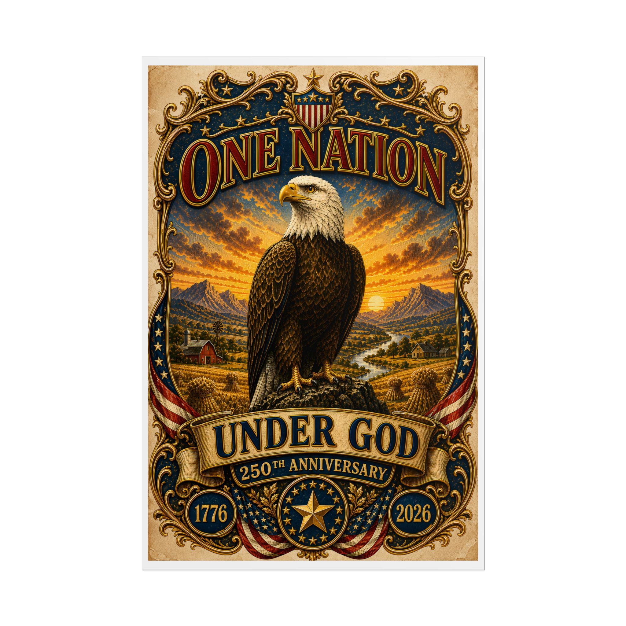Heritage Print Co - One Nation Under God with Eagle - USA 250th Anniversary - 4th of July - Premium Vintage Wall Art