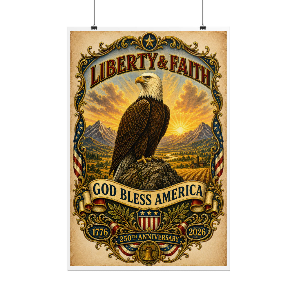Heritage Print Co - Liberty and Faith - God Bless America with Eagle - USA 250 Years - 4th of July - Premium Vintage Wall Art