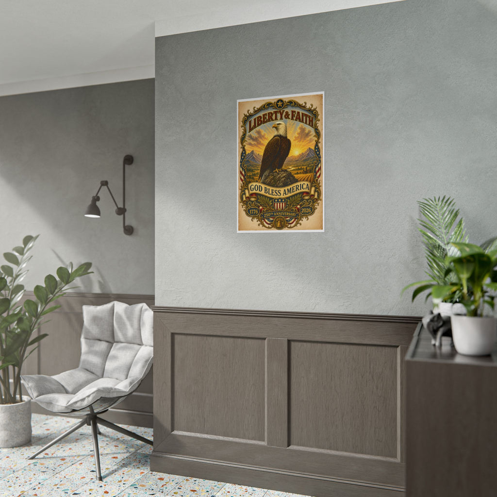 Heritage Print Co - Liberty and Faith - God Bless America with Eagle - USA 250 Years - 4th of July - Premium Vintage Wall Art