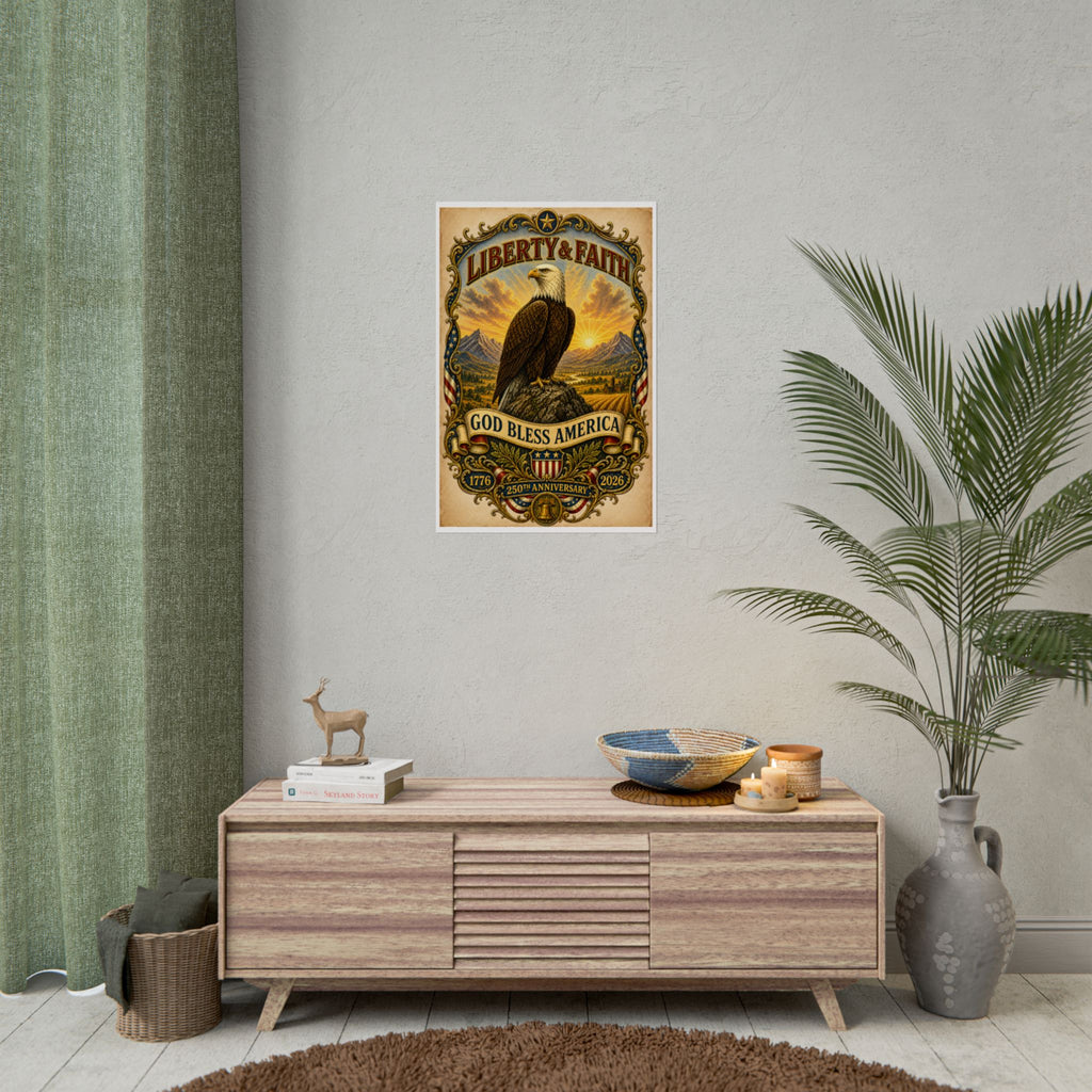 Heritage Print Co - Liberty and Faith - God Bless America with Eagle - USA 250 Years - 4th of July - Premium Vintage Wall Art
