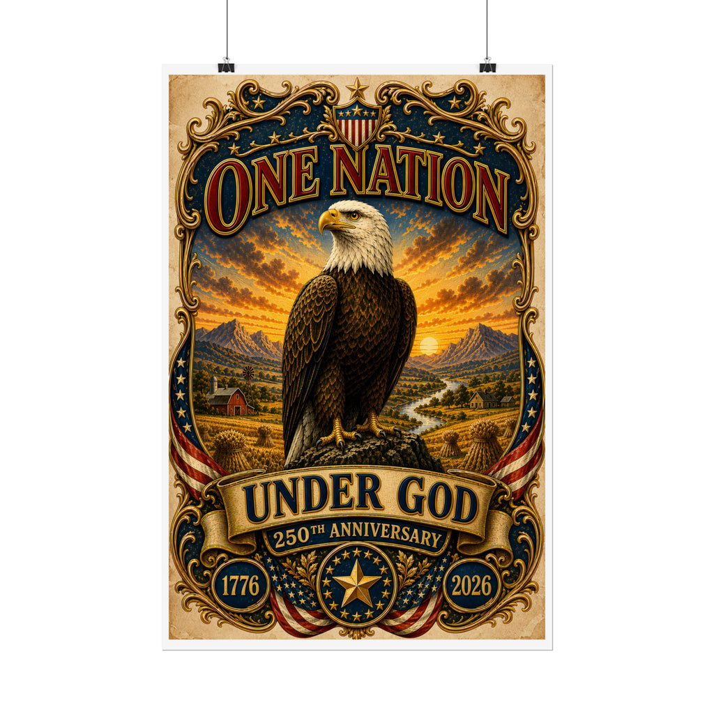 Heritage Print Co - One Nation Under God with Eagle - USA 250th Anniversary - 4th of July - Premium Vintage Wall Art