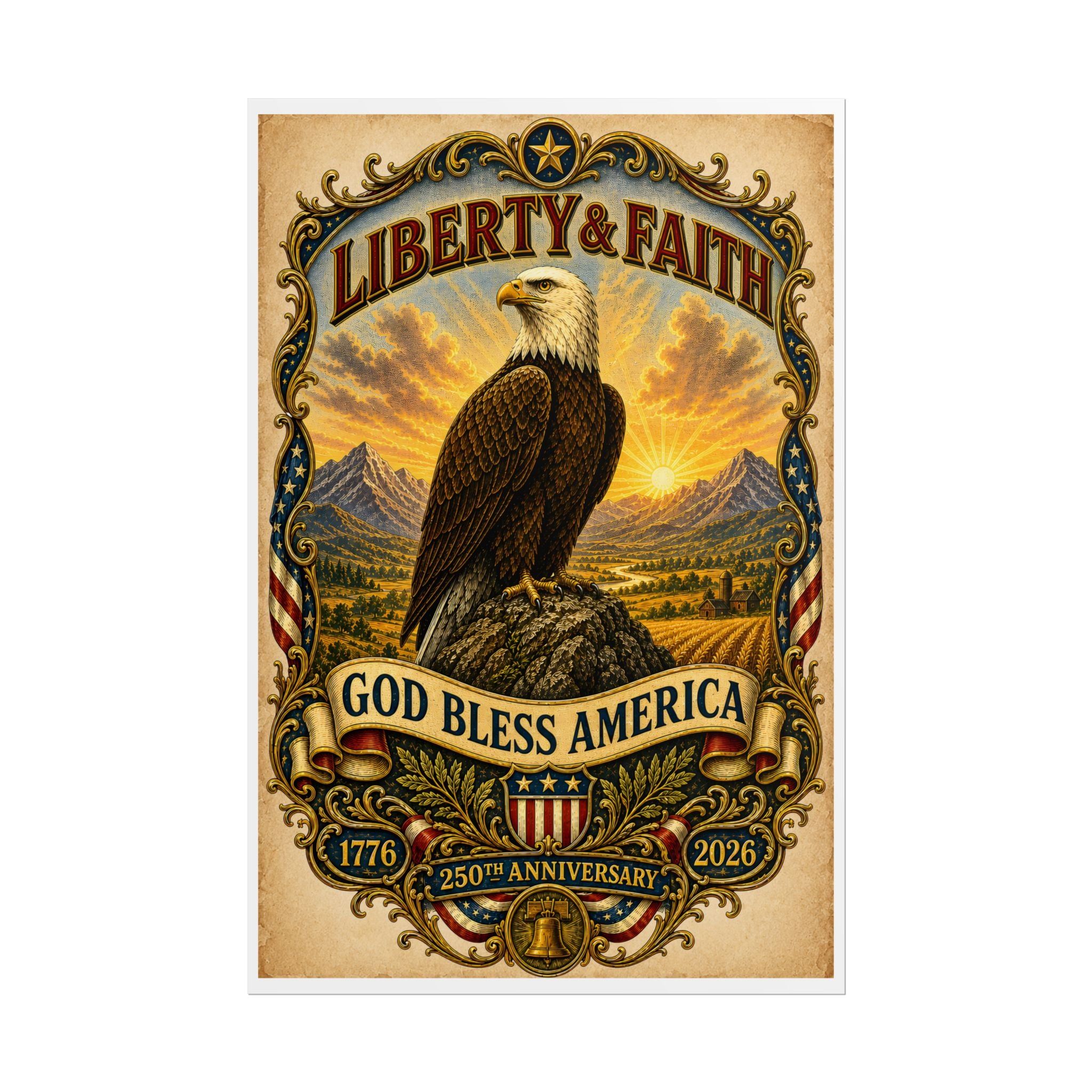 Heritage Print Co - Liberty and Faith - God Bless America with Eagle - USA 250 Years - 4th of July - Premium Vintage Wall Art