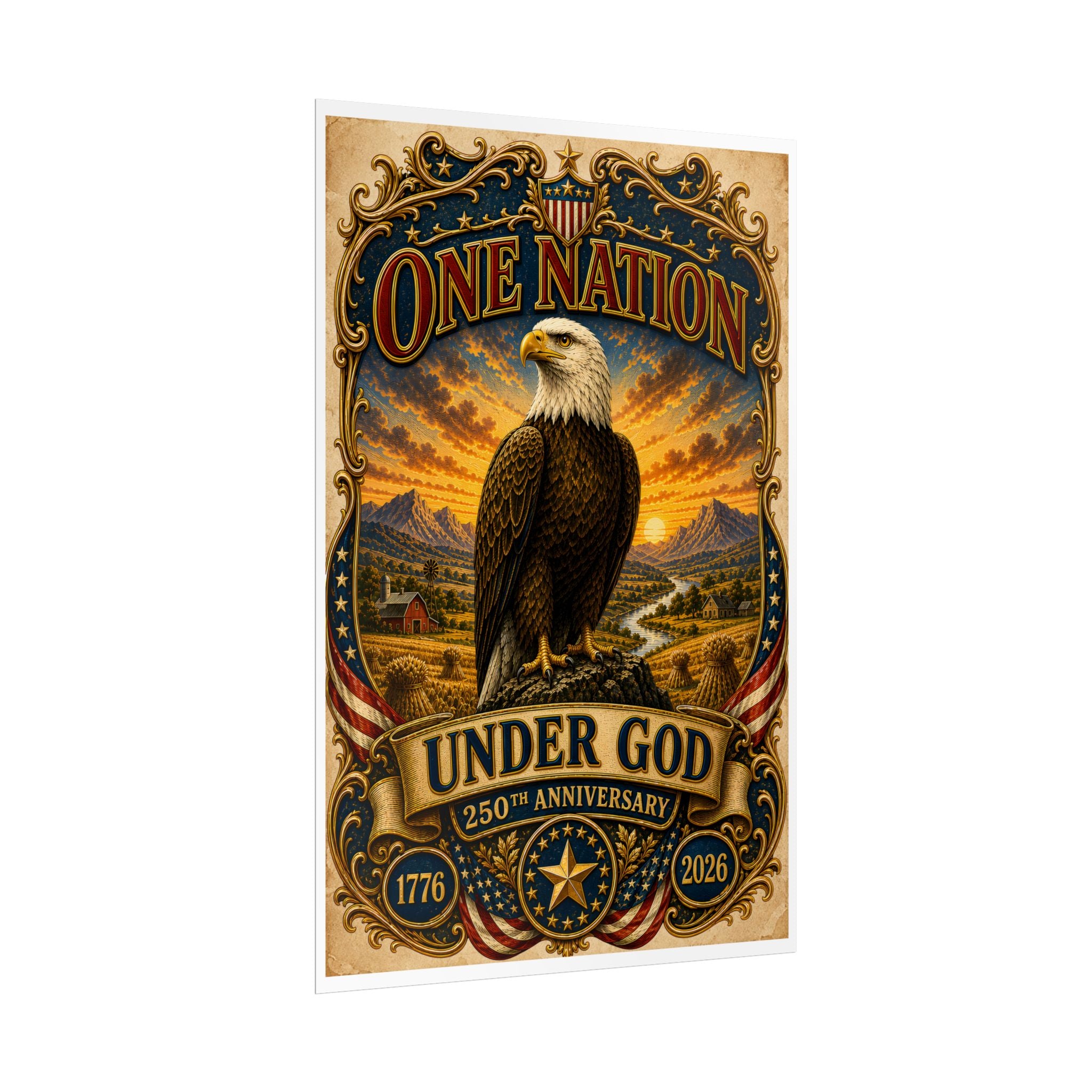 Heritage Print Co - One Nation Under God with Eagle - USA 250th Anniversary - 4th of July - Premium Vintage Wall Art