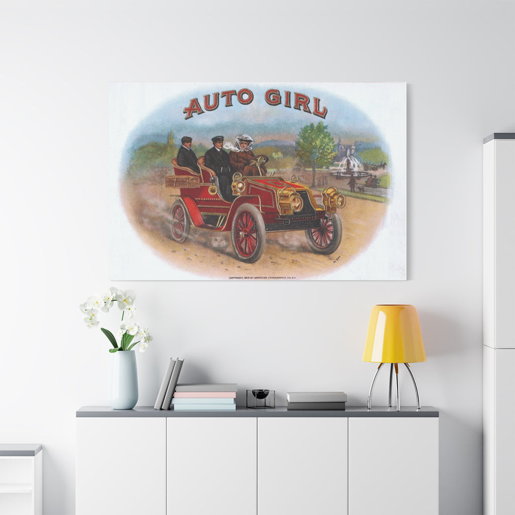 Vintage Stone Lithography Artwork - Auto Girl - Matte Canvas, Stretched, 1.25"