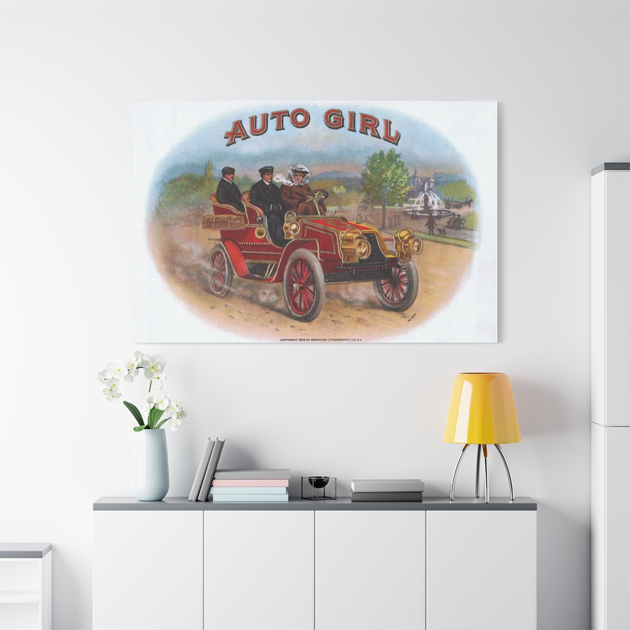 Vintage Stone Lithography Artwork - Auto Girl - Matte Canvas, Stretched, 1.25"
