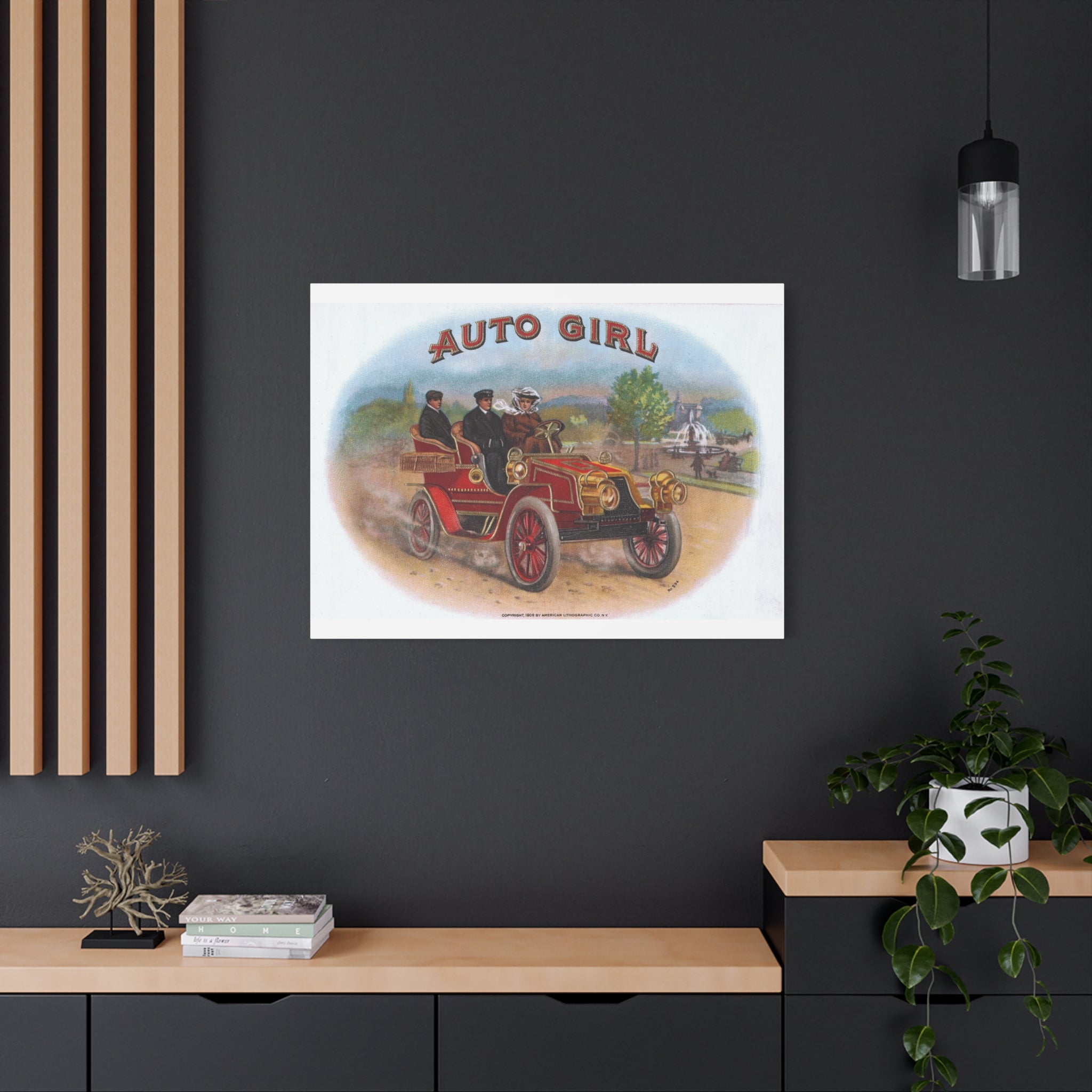 Vintage Stone Lithography Artwork - Auto Girl - Matte Canvas, Stretched, 1.25"