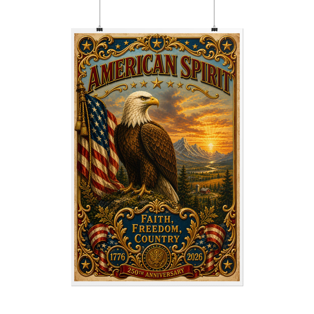 Heritage Print Co - American Spirit - Faith, Freedom, Country with Eagle - USA 250 Years - 4th of July - Premium Vintage Wall Art
