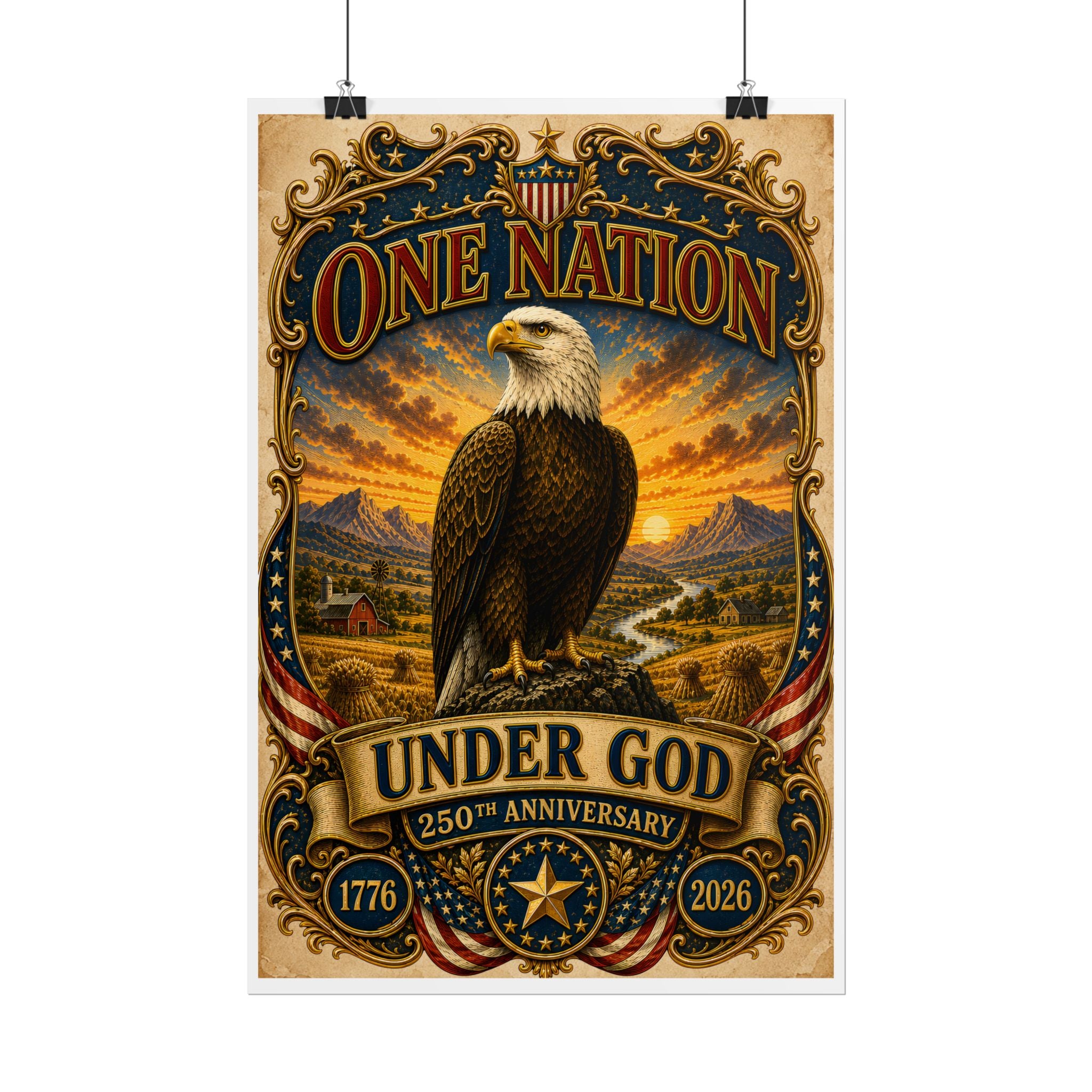 Heritage Print Co - One Nation Under God with Eagle - USA 250th Anniversary - 4th of July - Premium Vintage Wall Art
