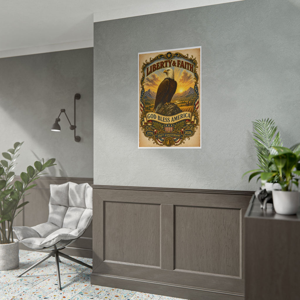 Heritage Print Co - Liberty and Faith - God Bless America with Eagle - USA 250 Years - 4th of July - Premium Vintage Wall Art