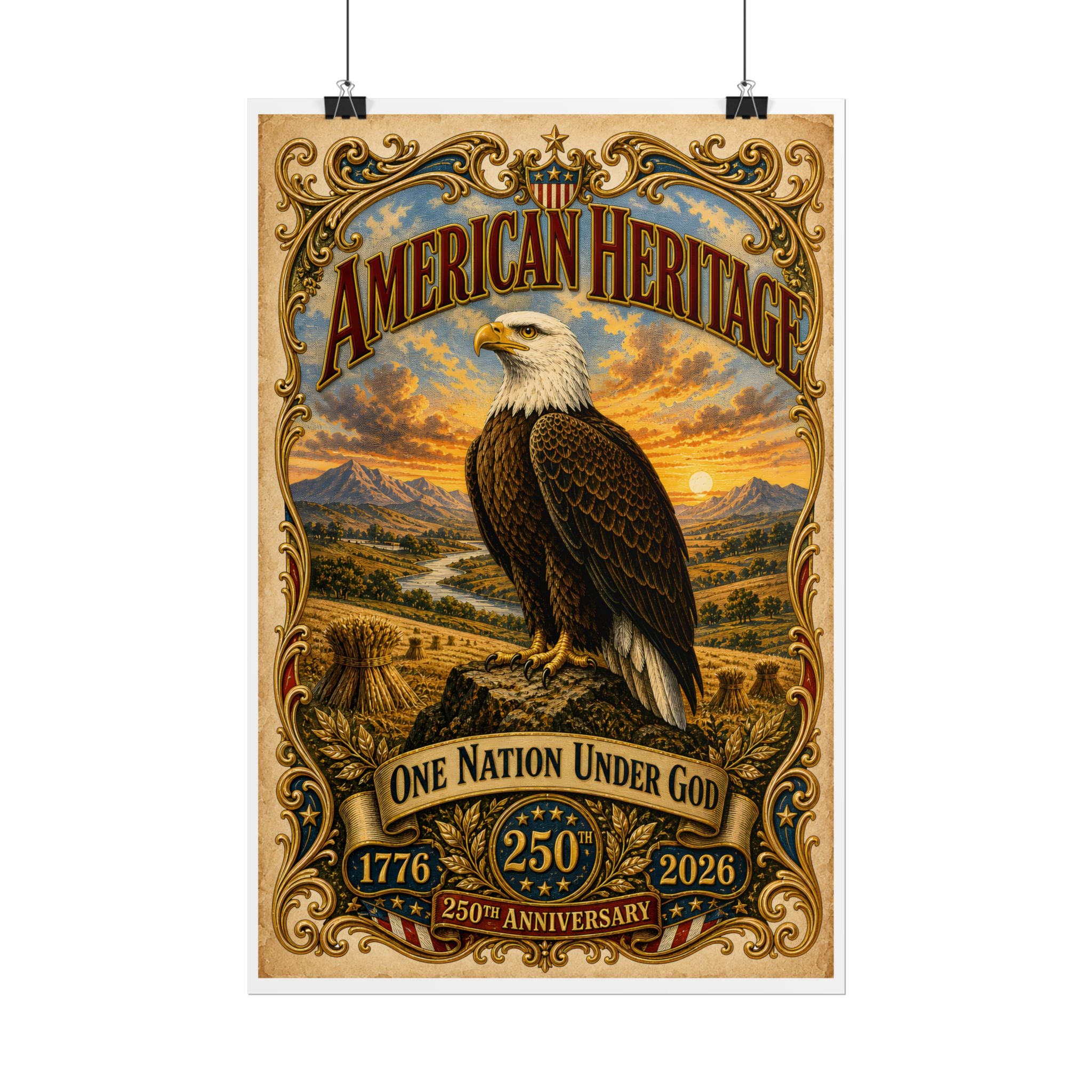 Heritage Print Co - American Heritage - One Nation Under God with Eagle - USA 250 Years - 4th of July - Premium Vintage Wall Art