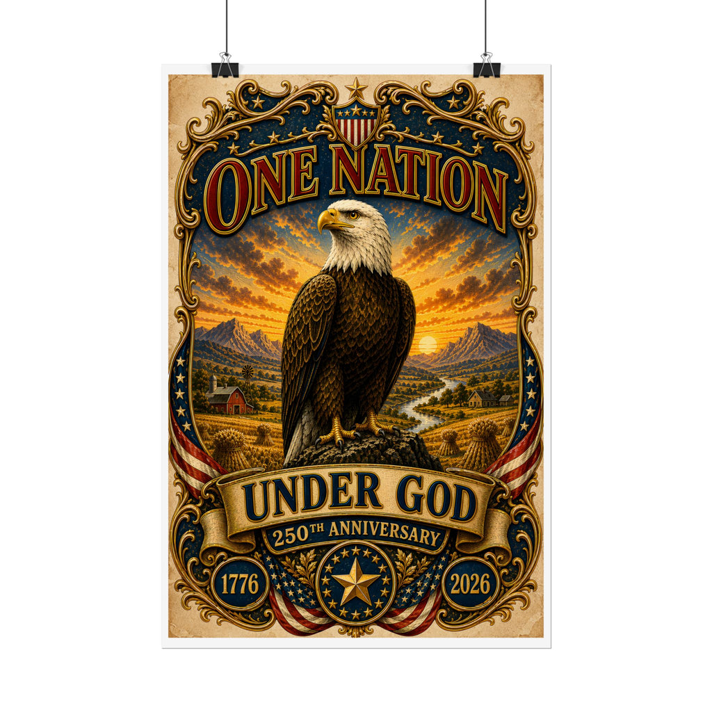 Heritage Print Co - One Nation Under God with Eagle - USA 250th Anniversary - 4th of July - Premium Vintage Wall Art