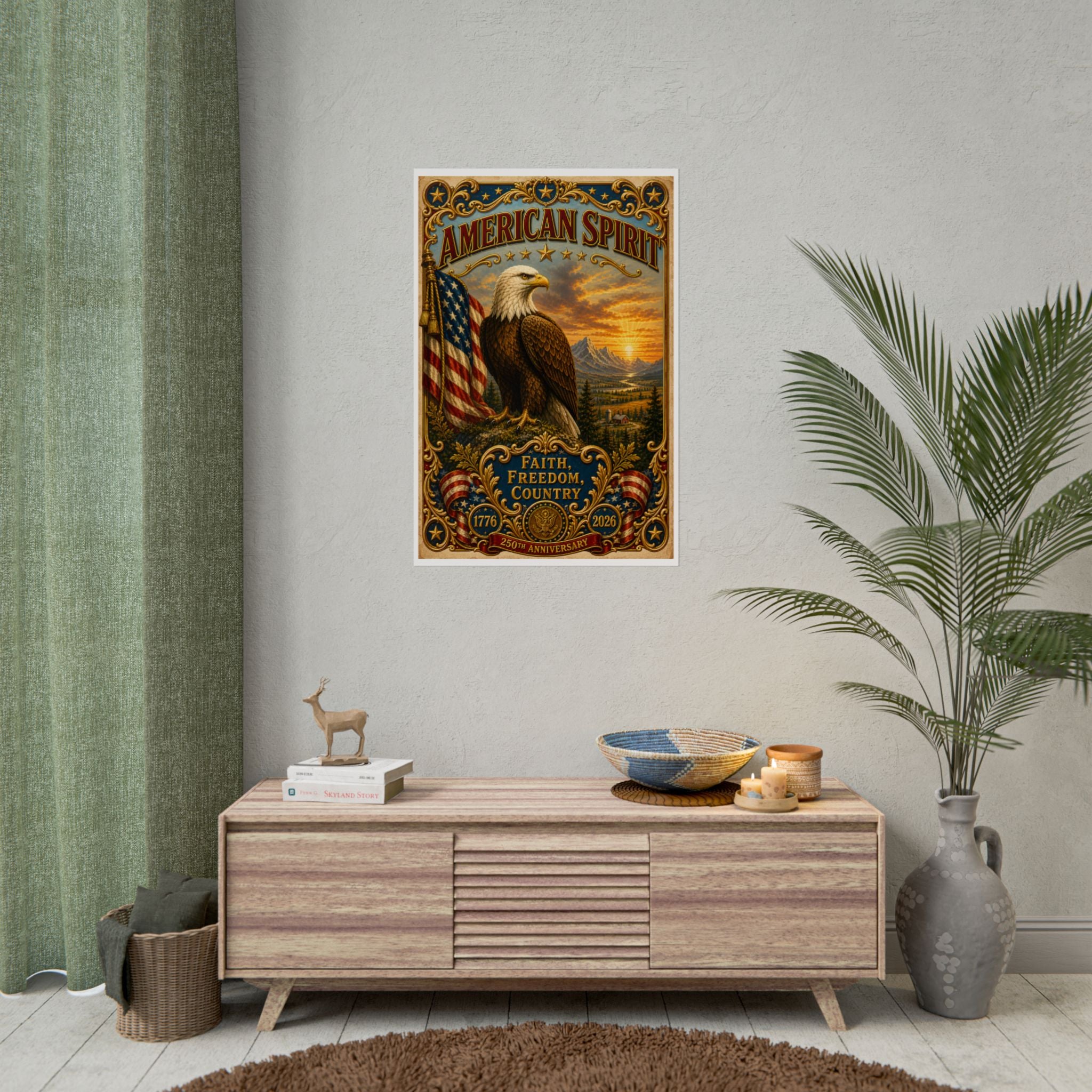 Heritage Print Co - American Spirit - Faith, Freedom, Country with Eagle - USA 250 Years - 4th of July - Premium Vintage Wall Art