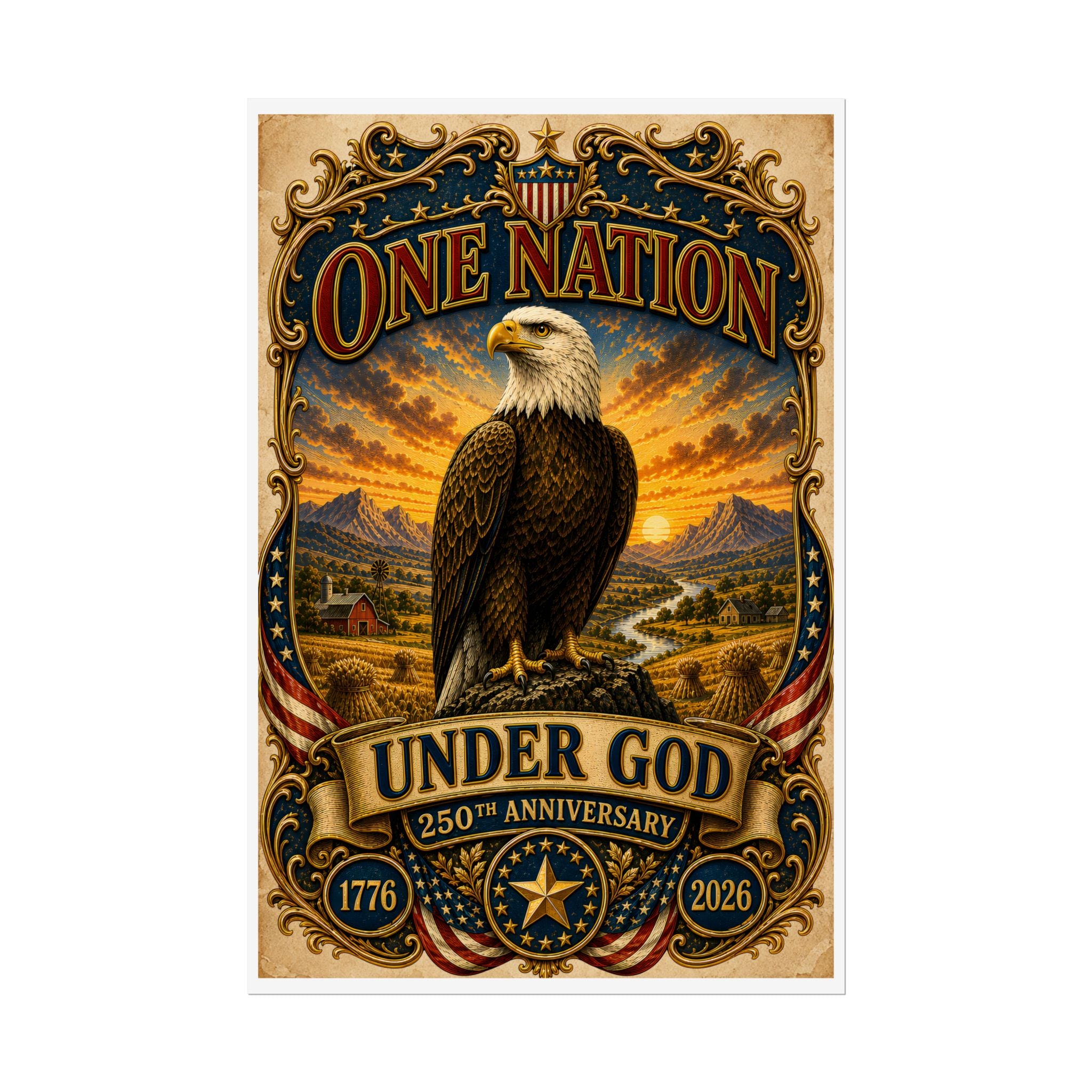 Heritage Print Co - One Nation Under God with Eagle - USA 250th Anniversary - 4th of July - Premium Vintage Wall Art