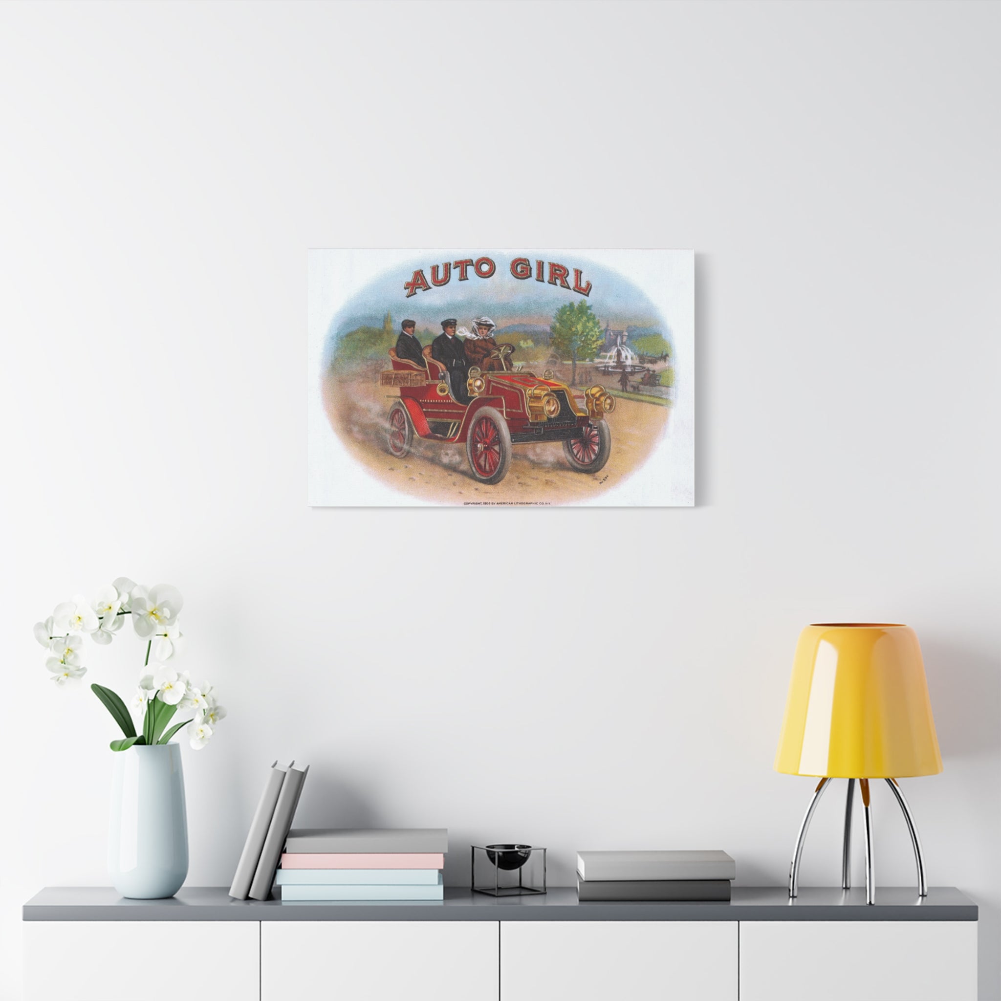 Vintage Stone Lithography Artwork - Auto Girl - Matte Canvas, Stretched, 1.25"