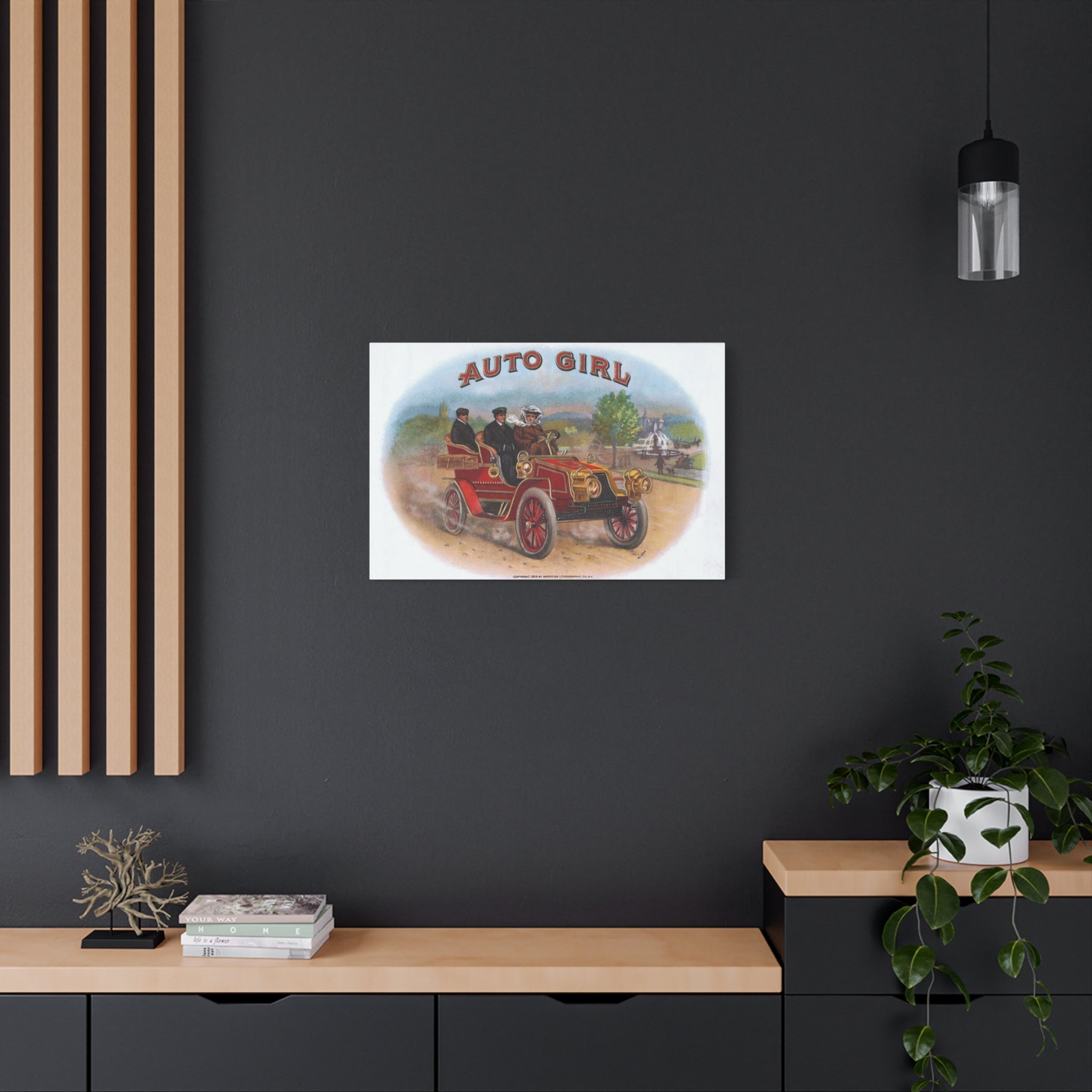 Vintage Stone Lithography Artwork - Auto Girl - Matte Canvas, Stretched, 1.25"