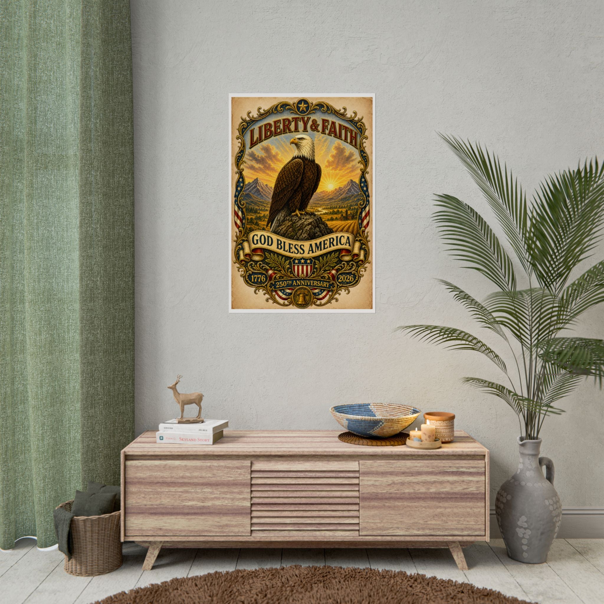 Heritage Print Co - Liberty and Faith - God Bless America with Eagle - USA 250 Years - 4th of July - Premium Vintage Wall Art